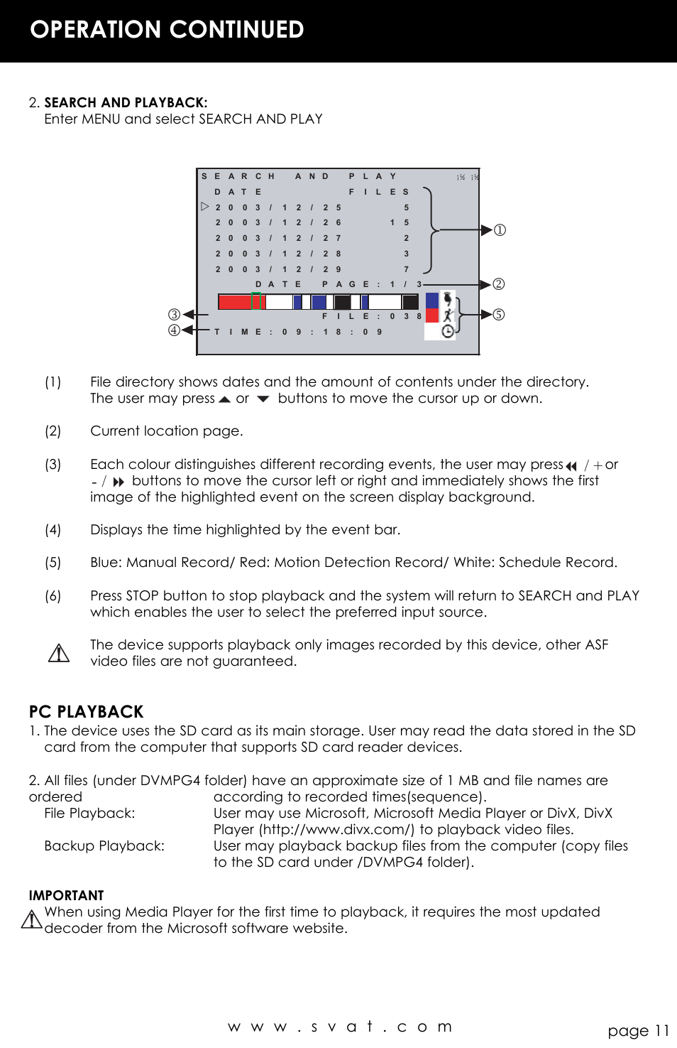 Operation continued, Pc playback | SVAT Electronics CVP800 User Manual | Page 11 / 20