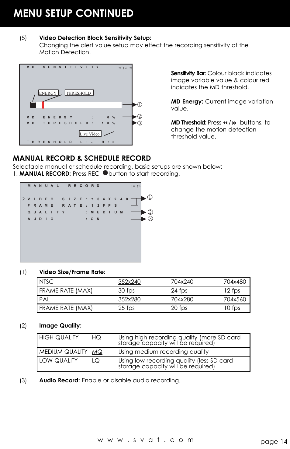Menu setup continued, Manual record & schedule record | SVAT Electronics CVP800 User Manual | Page 14 / 20