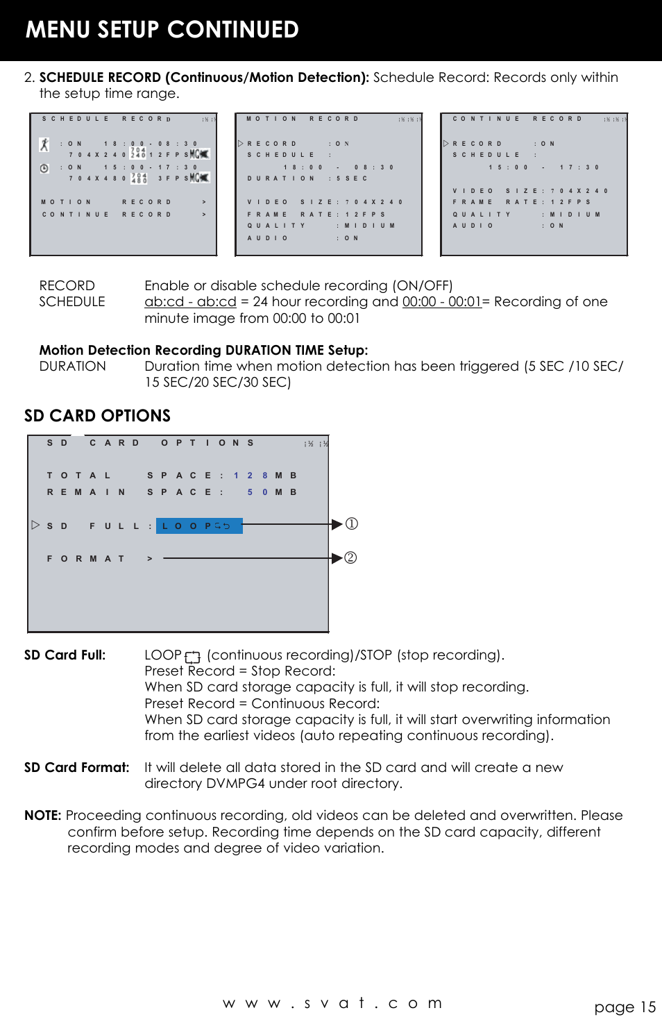 Menu setup continued, Sd card options | SVAT Electronics CVP800 User Manual | Page 15 / 20