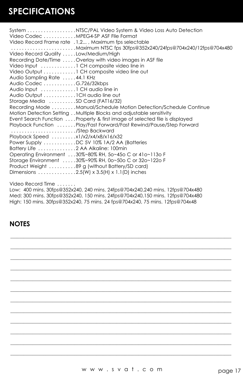 Specifications | SVAT Electronics CVP800 User Manual | Page 17 / 20