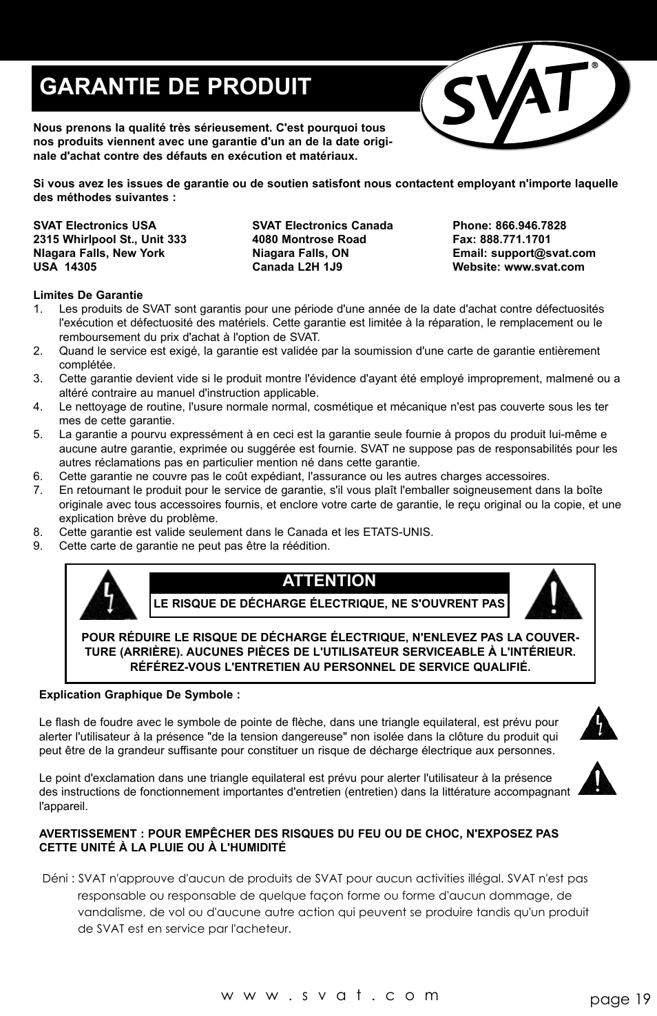 Garantie de produit, Attention | SVAT Electronics CVP800 User Manual | Page 19 / 20