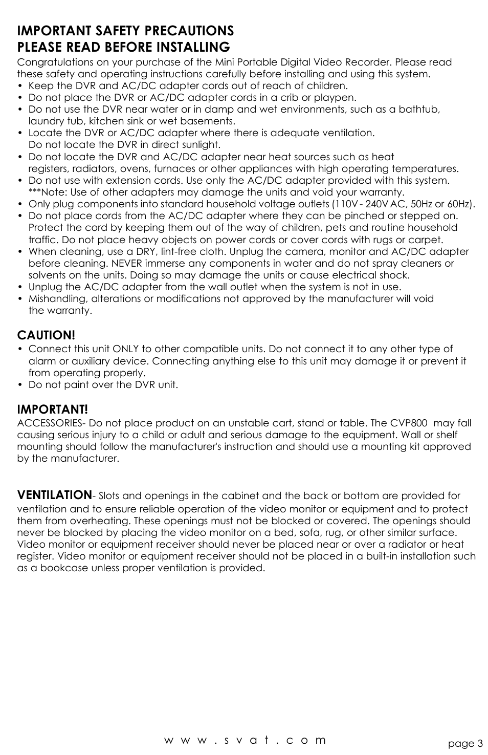 Caution, Important, Ventilation | SVAT Electronics CVP800 User Manual | Page 3 / 20