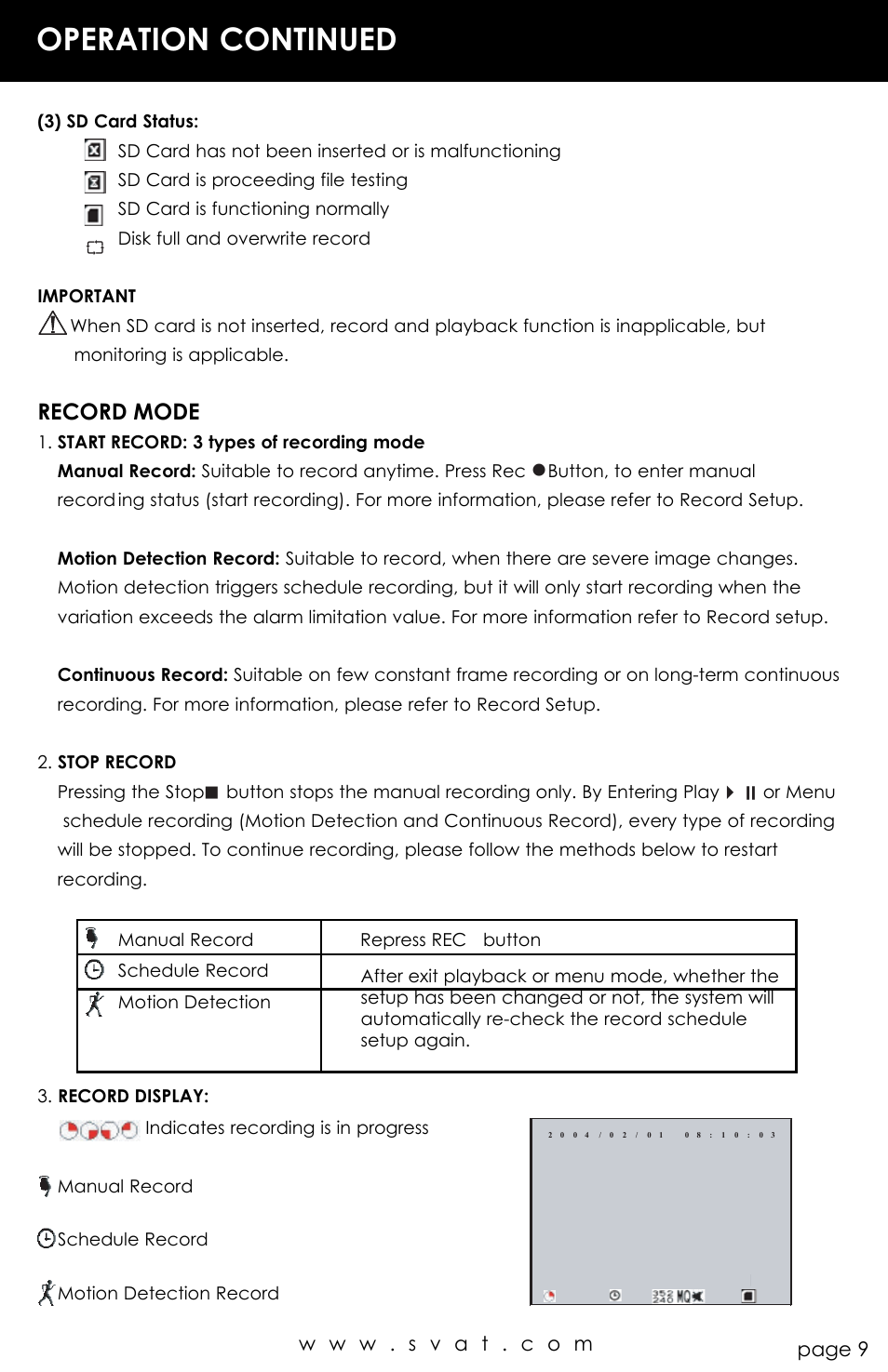 Operation continued, Record mode | SVAT Electronics CVP800 User Manual | Page 9 / 20
