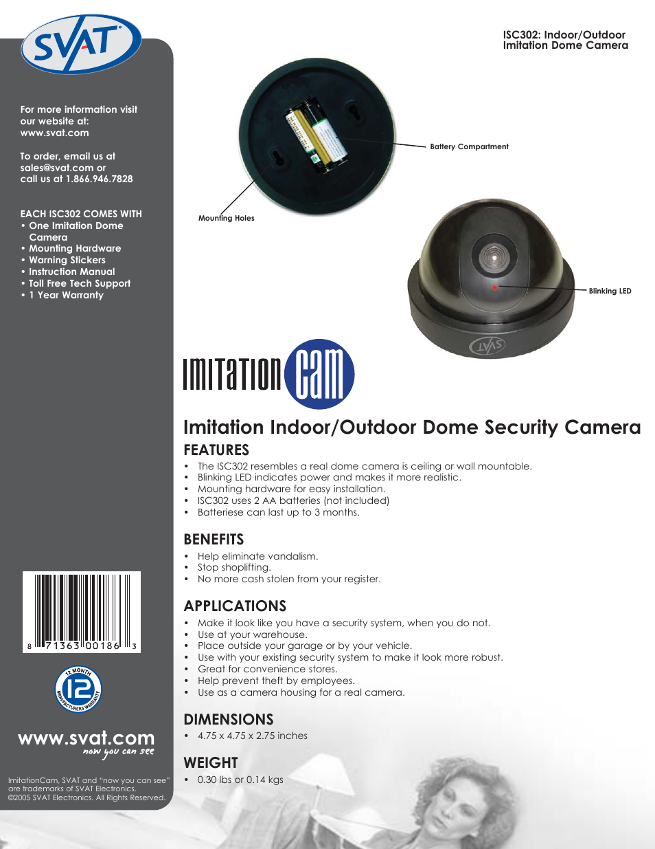 Imitation indoor/outdoor dome security camera, Features, Benefits | Applications, Dimensions, Weight | SVAT Electronics ISC302 User Manual | Page 2 / 2