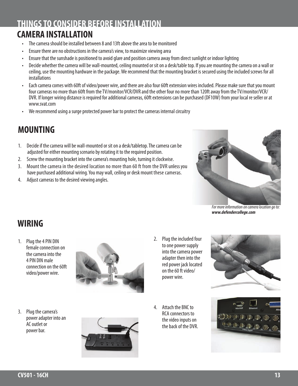Mounting, Wiring | SVAT Electronics CV501 - 16CH User Manual | Page 13 / 78