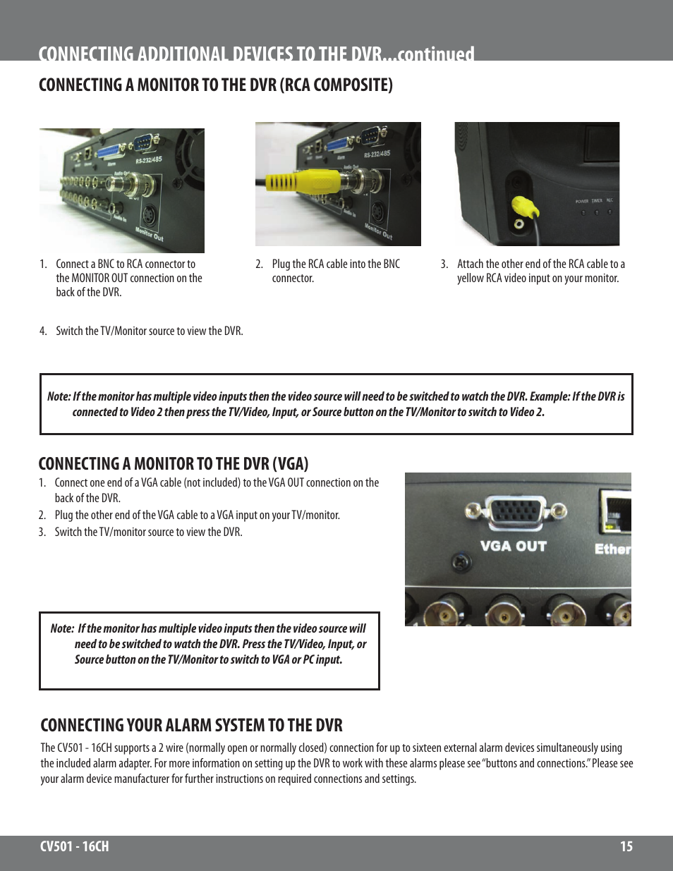 Connecting your alarm system to the dvr, Connecting a monitor to the dvr (rca composite), Connecting a monitor to the dvr (vga) | SVAT Electronics CV501 - 16CH User Manual | Page 15 / 78