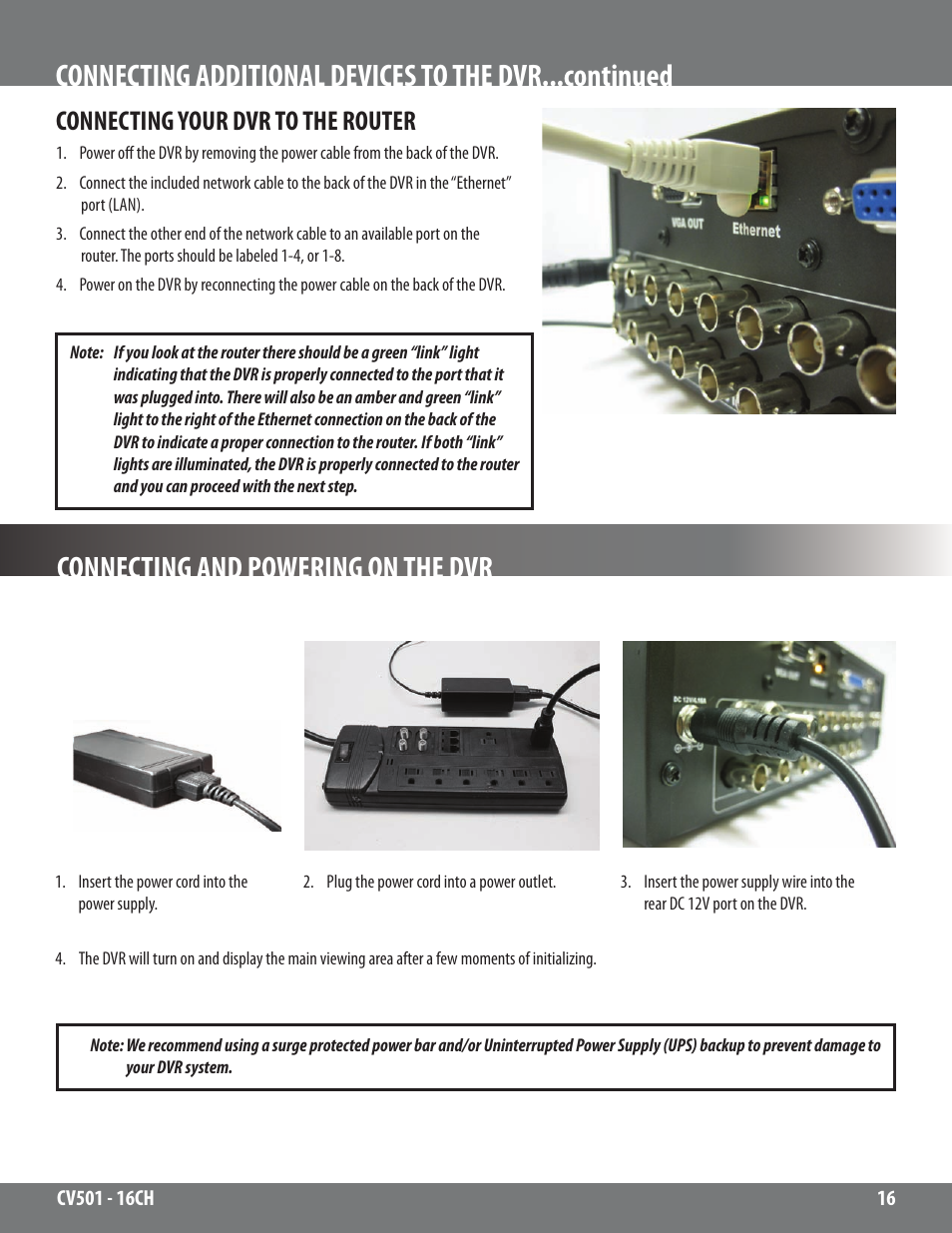 Connecting and powering on the dvr, Connecting your dvr to the router | SVAT Electronics CV501 - 16CH User Manual | Page 16 / 78