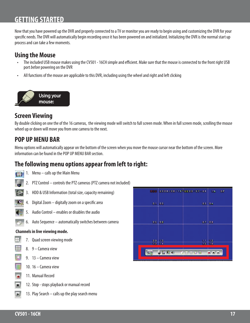 Getting started, Using the mouse, Screen viewing pop up menu bar | SVAT Electronics CV501 - 16CH User Manual | Page 17 / 78