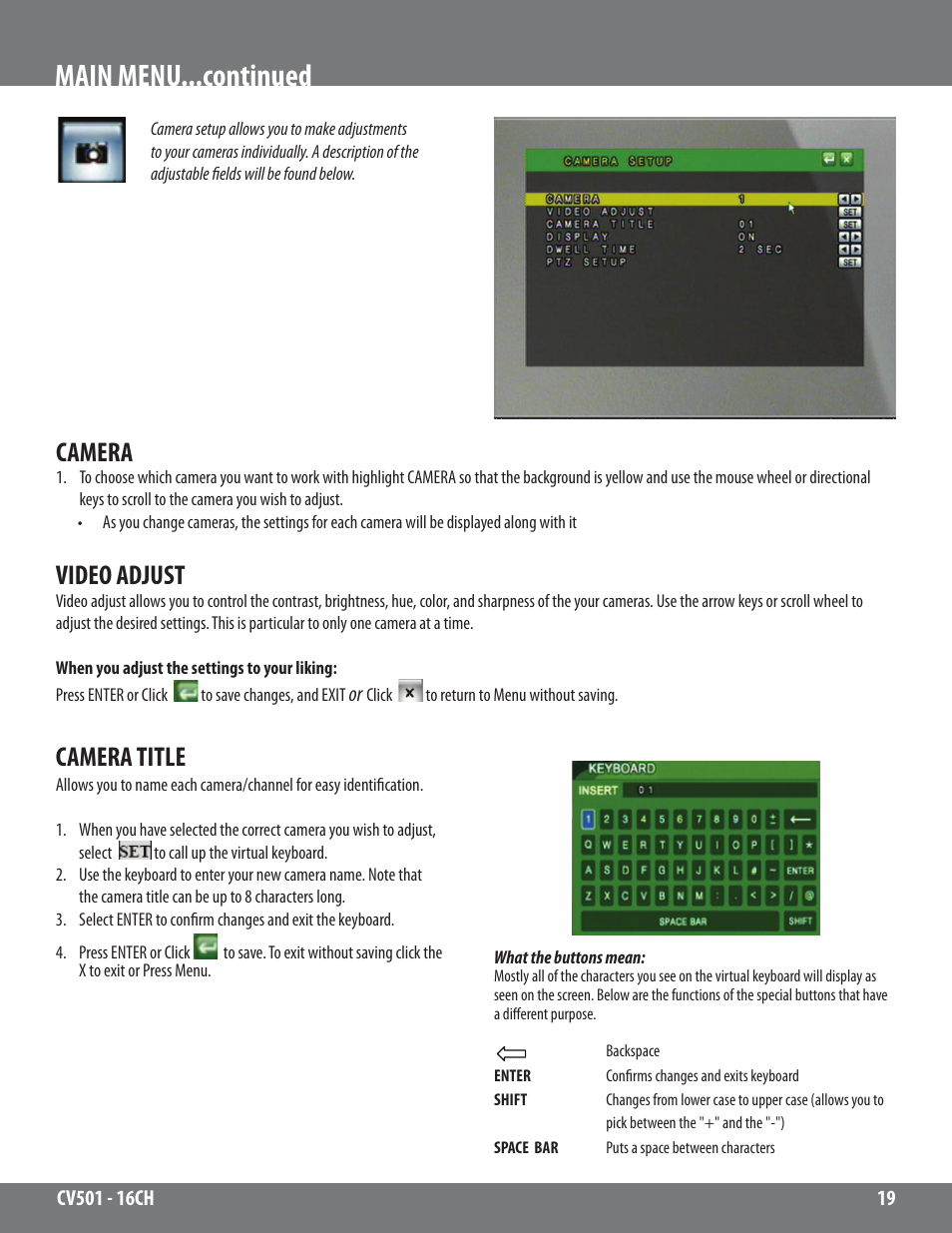 Main menu...continued, Camera, Video adjust | Camera title | SVAT Electronics CV501 - 16CH User Manual | Page 19 / 78