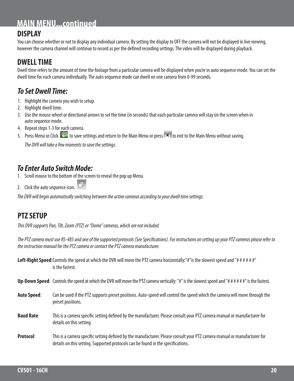 Main menu...continued, Display, Dwell time | Ptz setup | SVAT Electronics CV501 - 16CH User Manual | Page 20 / 78