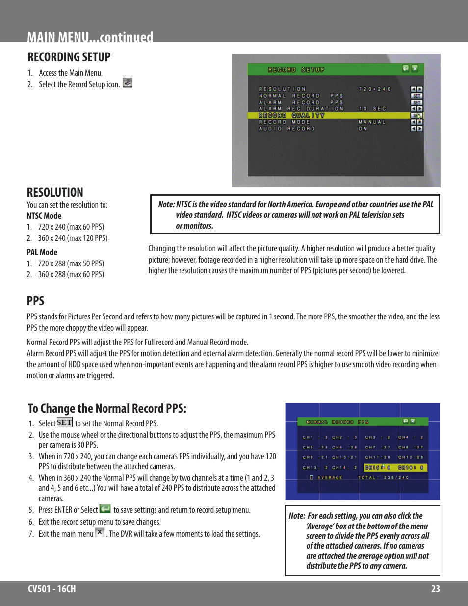 Main menu...continued, Recording setup, Resolution | SVAT Electronics CV501 - 16CH User Manual | Page 23 / 78