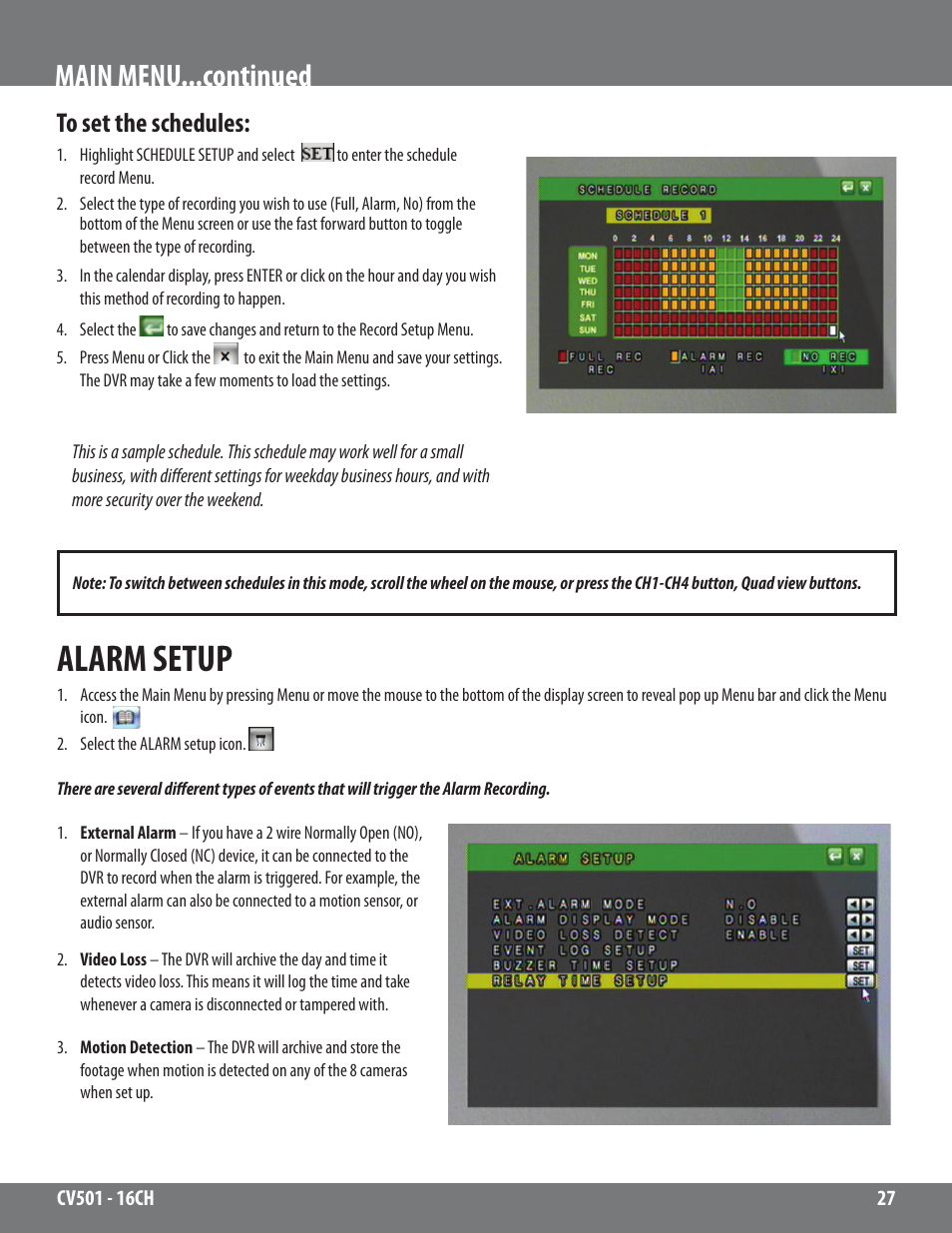 Alarm setup, Main menu...continued | SVAT Electronics CV501 - 16CH User Manual | Page 27 / 78