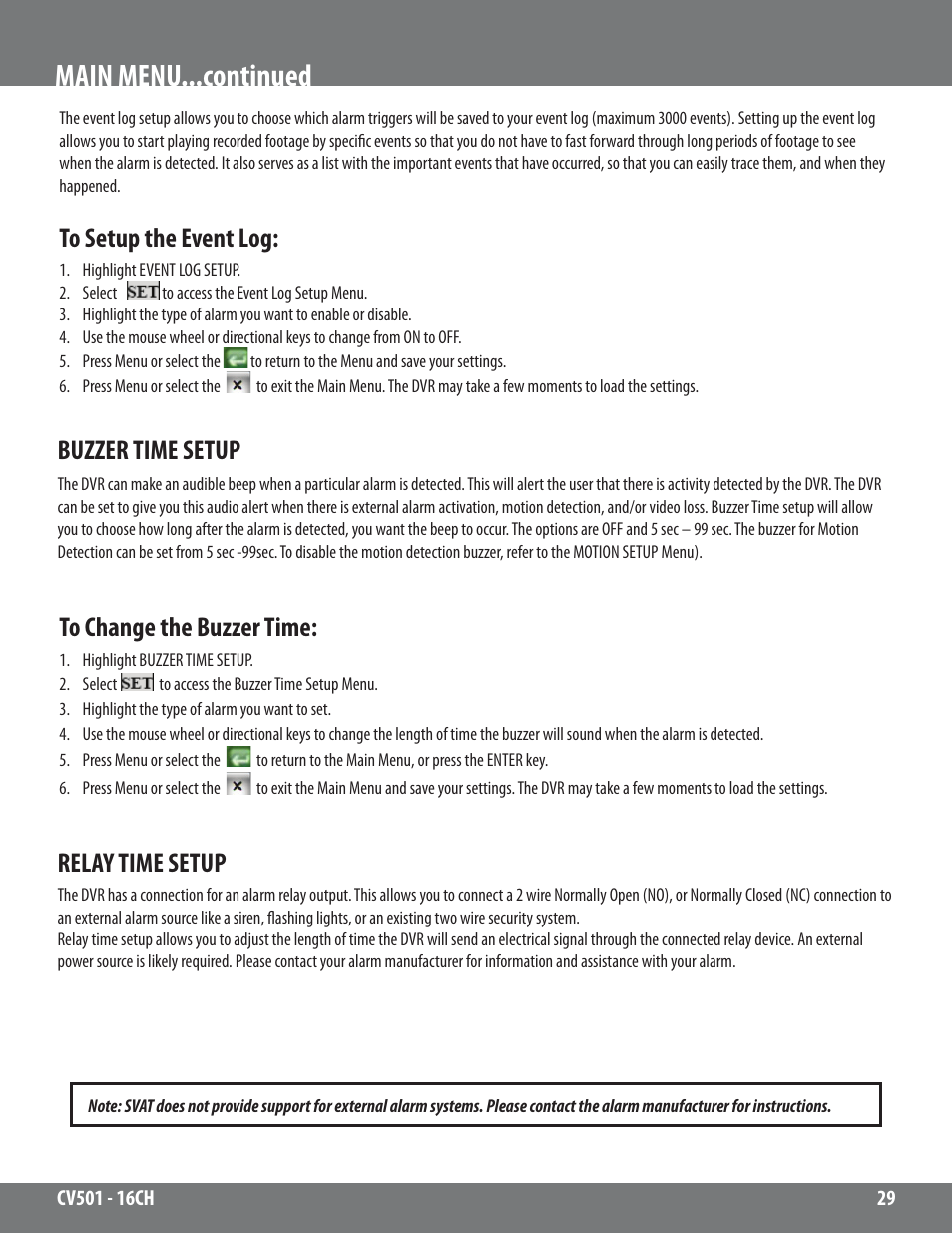 Main menu...continued, Buzzer time setup, Relay time setup | SVAT Electronics CV501 - 16CH User Manual | Page 29 / 78