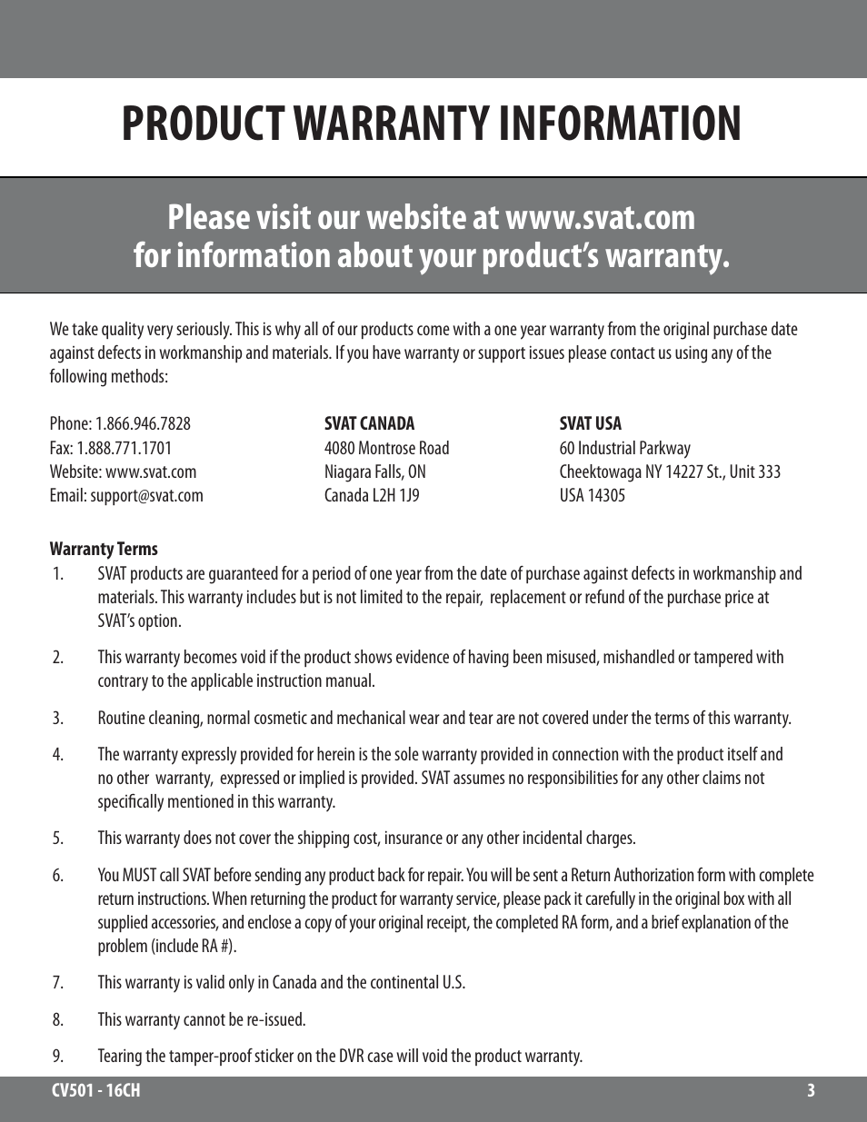 Product warranty information | SVAT Electronics CV501 - 16CH User Manual | Page 3 / 78