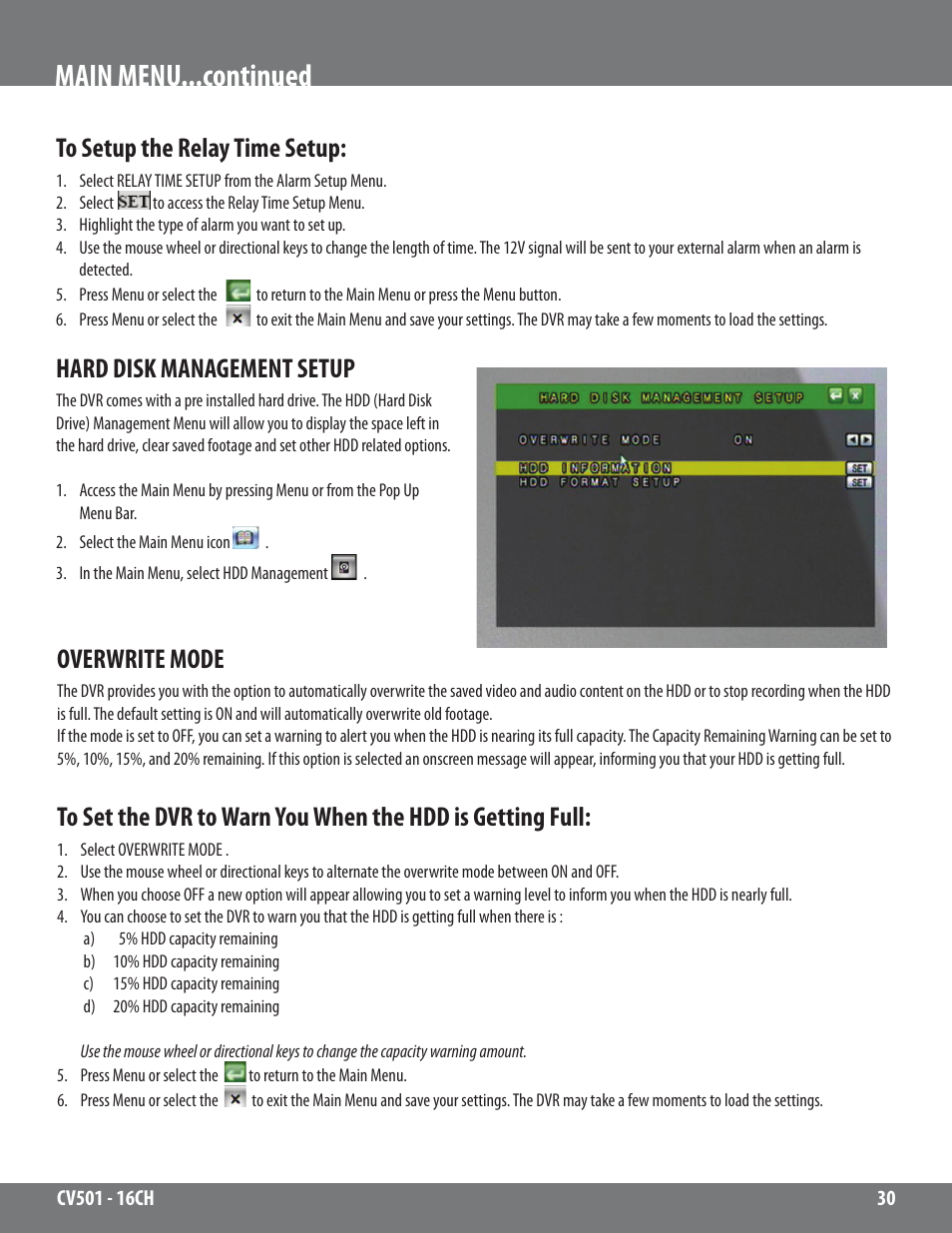 Main menu...continued, Hard disk management setup, Overwrite mode | SVAT Electronics CV501 - 16CH User Manual | Page 30 / 78