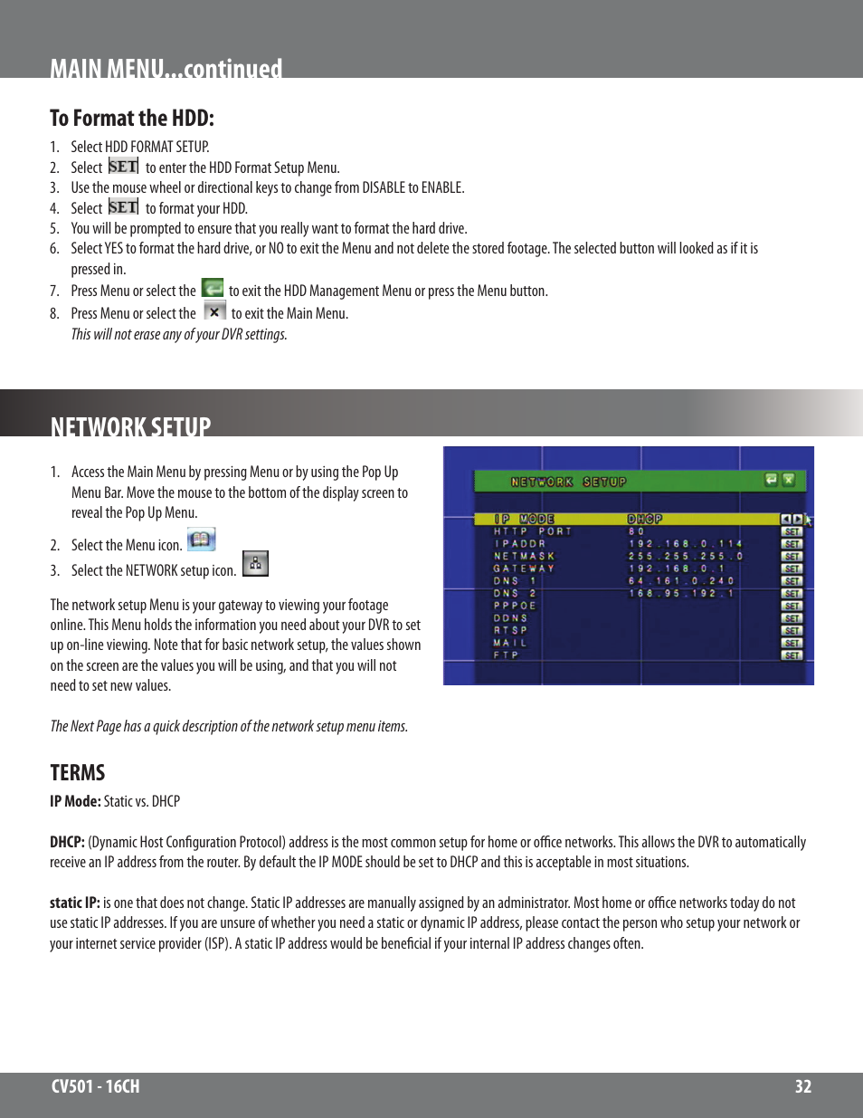 Network setup, Main menu...continued, Terms | SVAT Electronics CV501 - 16CH User Manual | Page 32 / 78