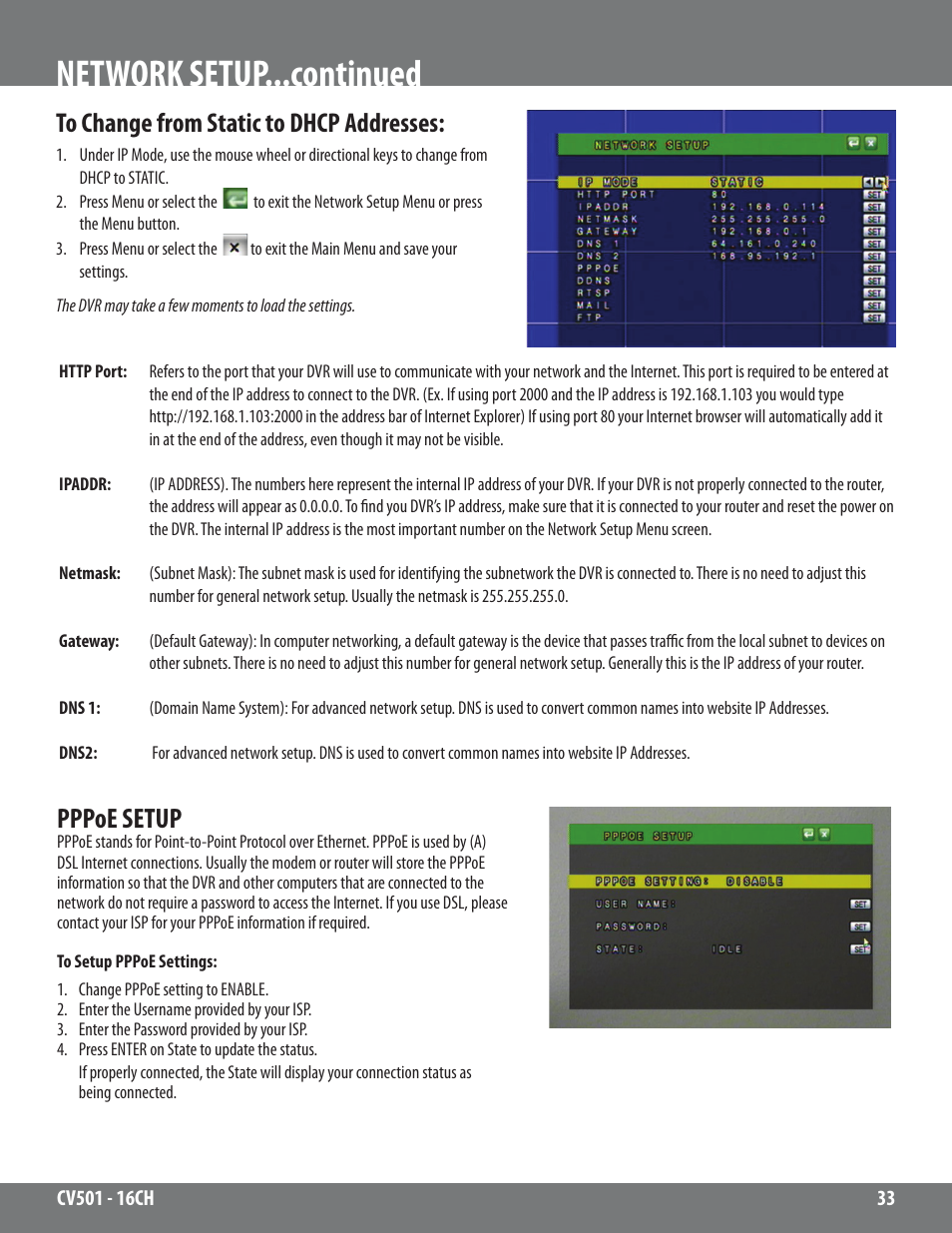 Network setup...continued, Pppoe setup | SVAT Electronics CV501 - 16CH User Manual | Page 33 / 78