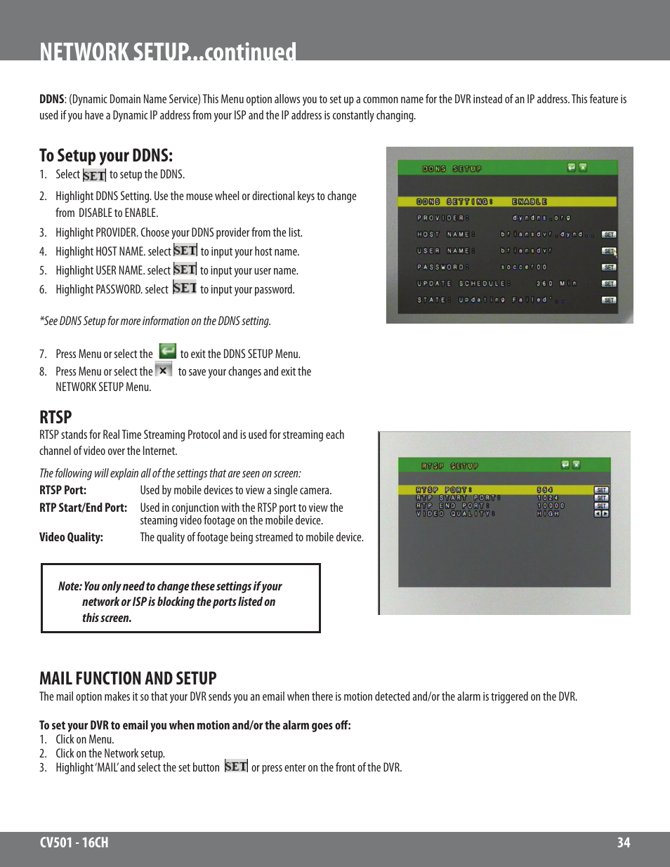 Network setup...continued, Rtsp, Mail function and setup | SVAT Electronics CV501 - 16CH User Manual | Page 34 / 78