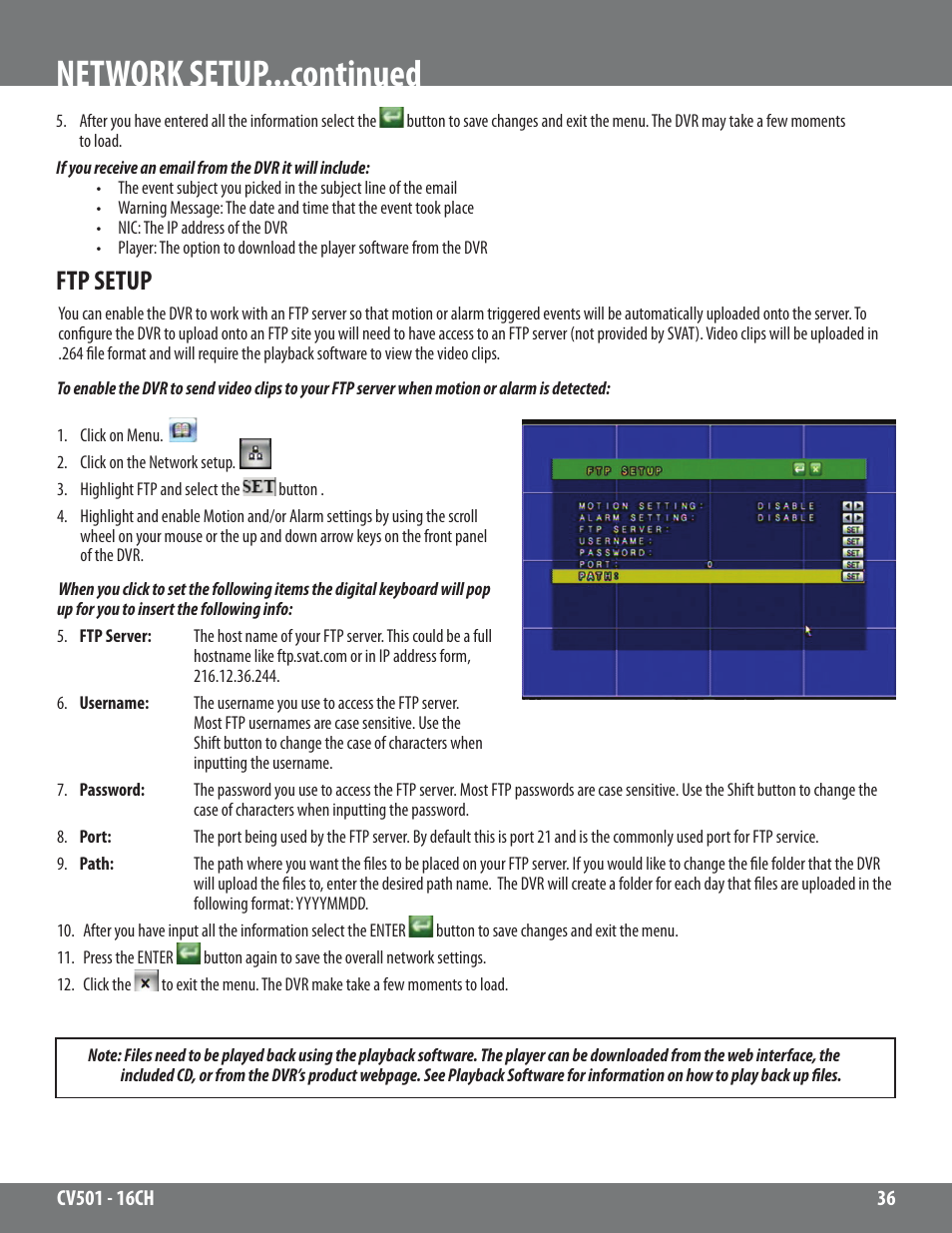 Network setup...continued, Ftp setup | SVAT Electronics CV501 - 16CH User Manual | Page 36 / 78