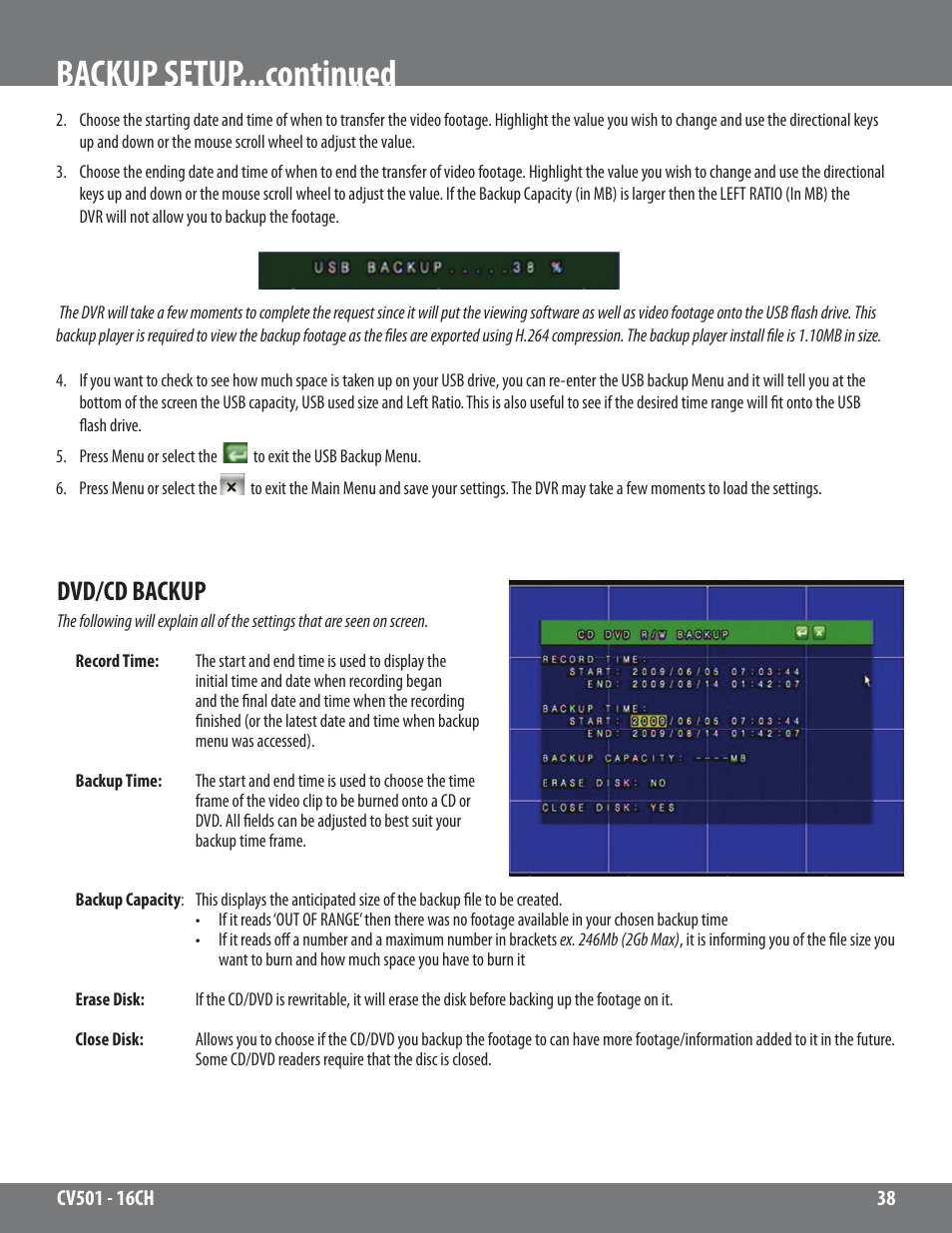 Backup setup...continued, Dvd/cd backup | SVAT Electronics CV501 - 16CH User Manual | Page 38 / 78
