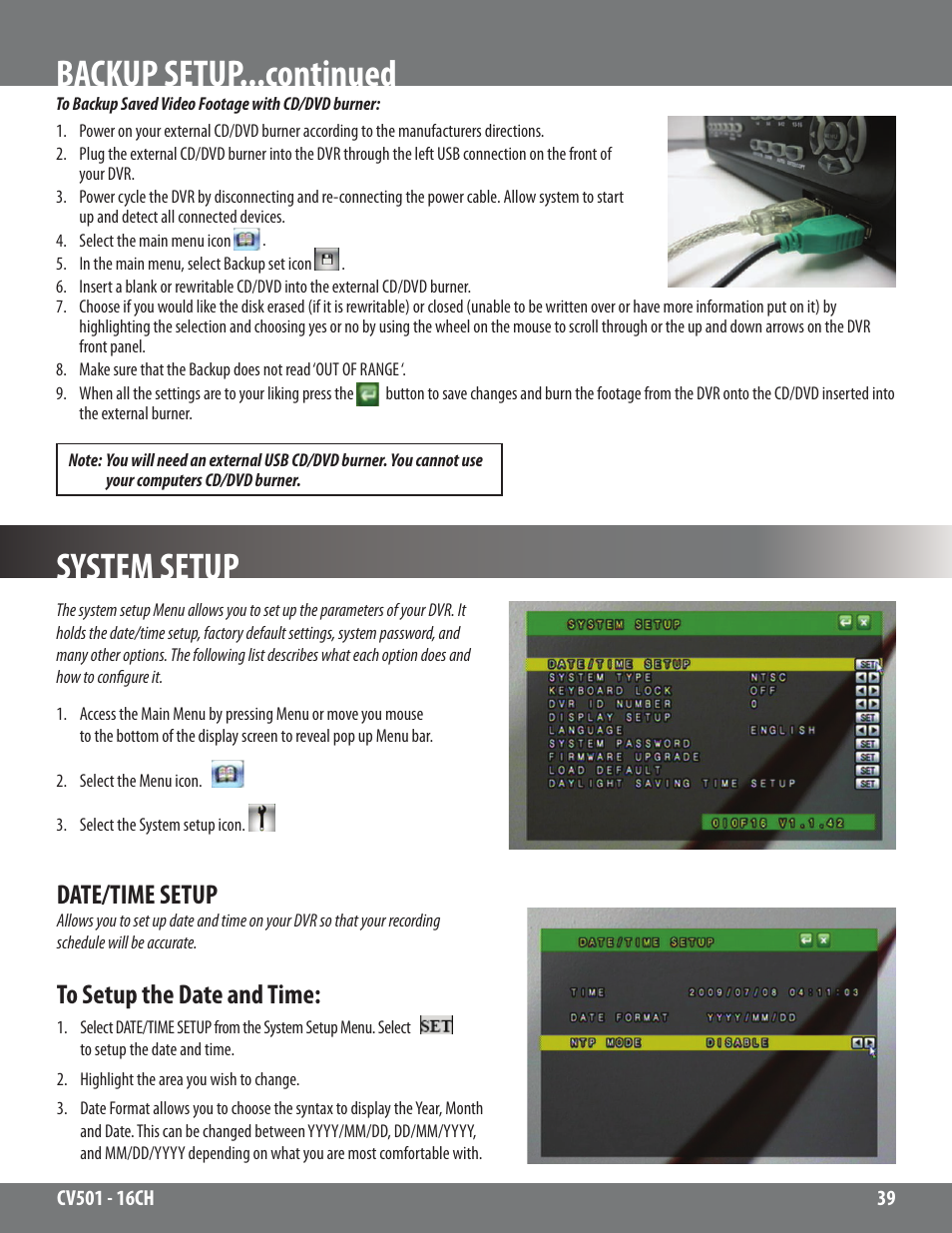 System setup, Backup setup...continued, Date/time setup | SVAT Electronics CV501 - 16CH User Manual | Page 39 / 78