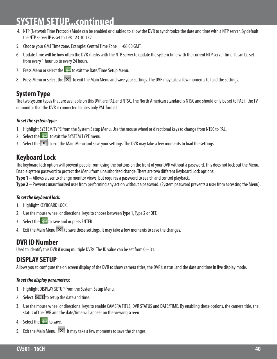 System setup...continued, System type, Keyboard lock | Dvr id number, Display setup | SVAT Electronics CV501 - 16CH User Manual | Page 40 / 78