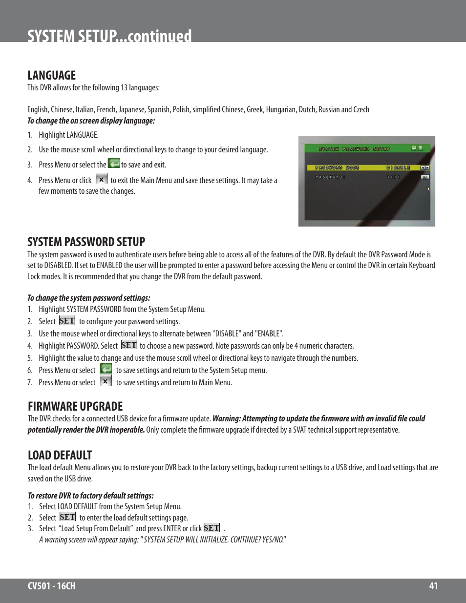 System setup...continued, Language, System password setup | Firmware upgrade, Load default | SVAT Electronics CV501 - 16CH User Manual | Page 41 / 78