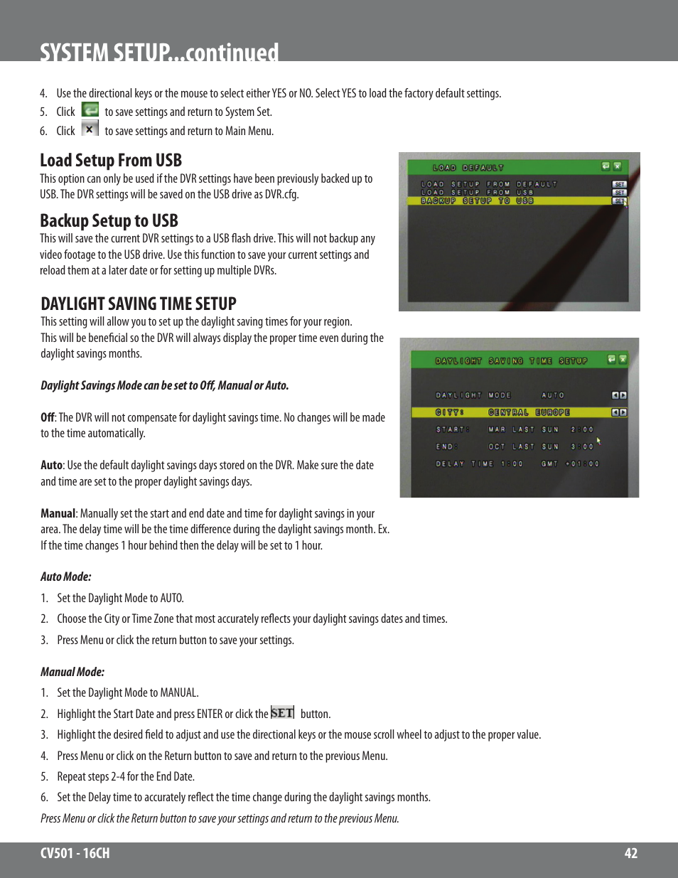 System setup...continued, Load setup from usb, Backup setup to usb | Daylight saving time setup | SVAT Electronics CV501 - 16CH User Manual | Page 42 / 78