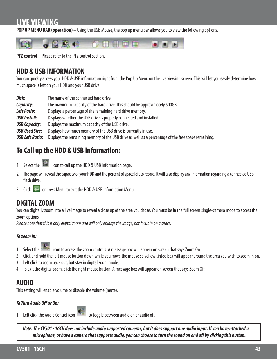 Live viewing, Hdd & usb information, Digital zoom | Audio | SVAT Electronics CV501 - 16CH User Manual | Page 43 / 78