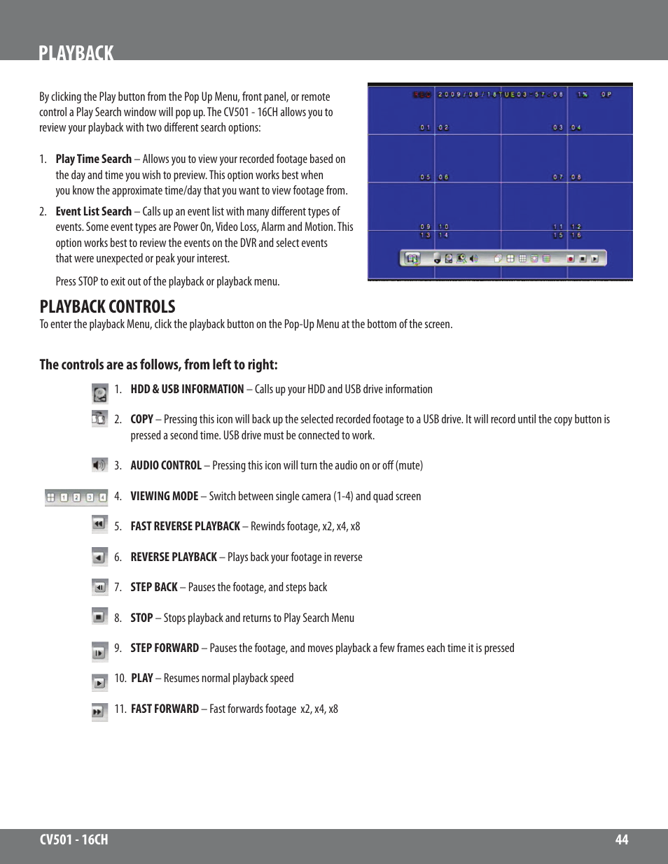 Playback, Playback controls | SVAT Electronics CV501 - 16CH User Manual | Page 44 / 78