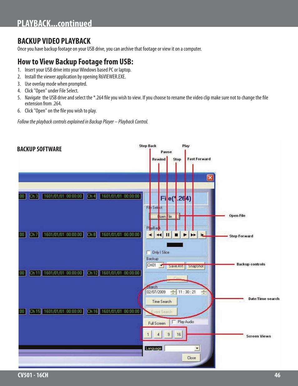 Playback...continued, Backup video playback, How to view backup footage from usb | SVAT Electronics CV501 - 16CH User Manual | Page 46 / 78