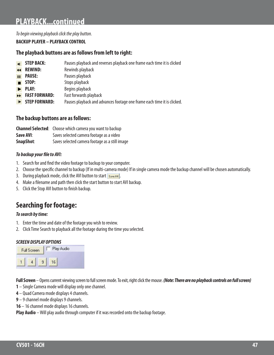 Playback...continued, Searching for footage | SVAT Electronics CV501 - 16CH User Manual | Page 47 / 78