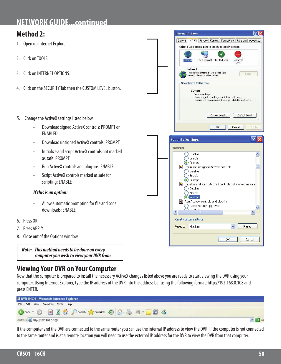 Network guide...continued, Method 2, Viewing your dvr on your computer | SVAT Electronics CV501 - 16CH User Manual | Page 50 / 78