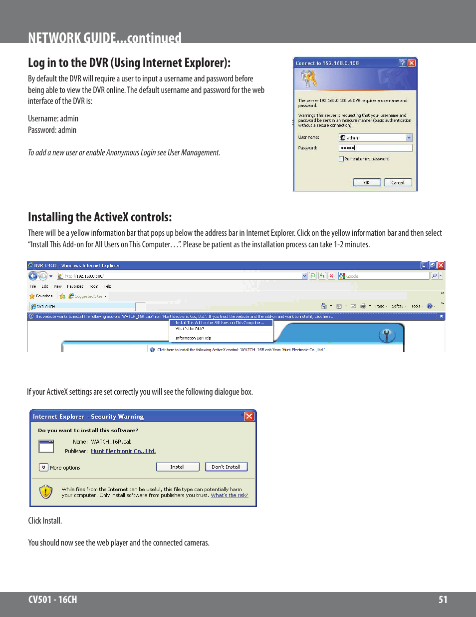 Network guide...continued, Log in to the dvr (using internet explorer), Installing the activex controls | SVAT Electronics CV501 - 16CH User Manual | Page 51 / 78