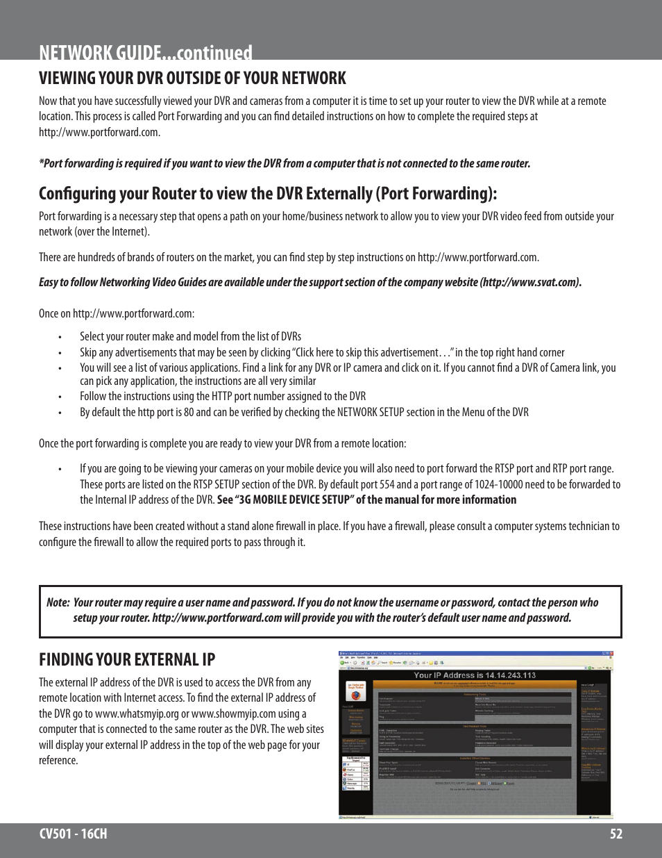 Network guide...continued, Viewing your dvr outside of your network, Finding your external ip | SVAT Electronics CV501 - 16CH User Manual | Page 52 / 78