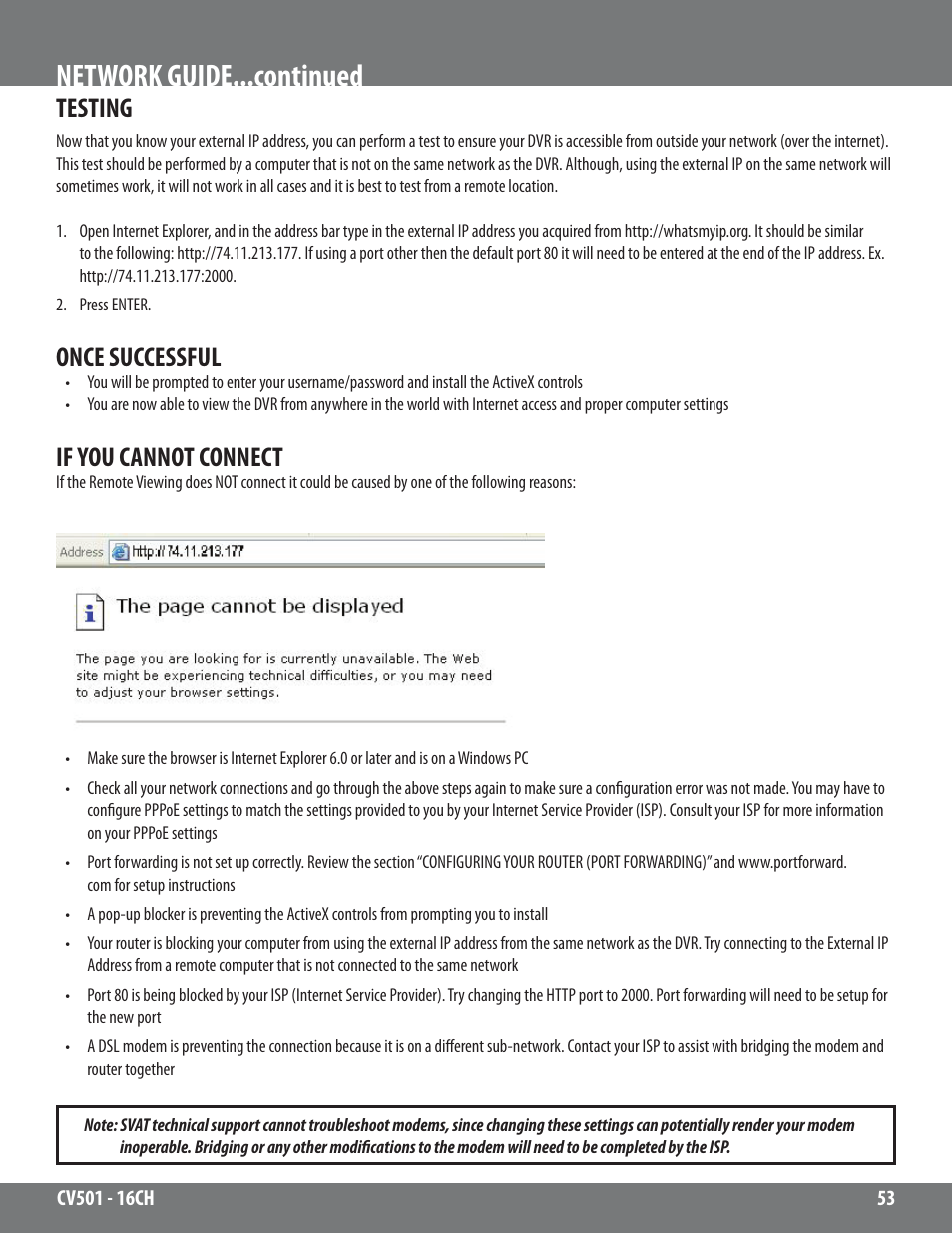 Network guide...continued, Testing, Once successful | If you cannot connect | SVAT Electronics CV501 - 16CH User Manual | Page 53 / 78