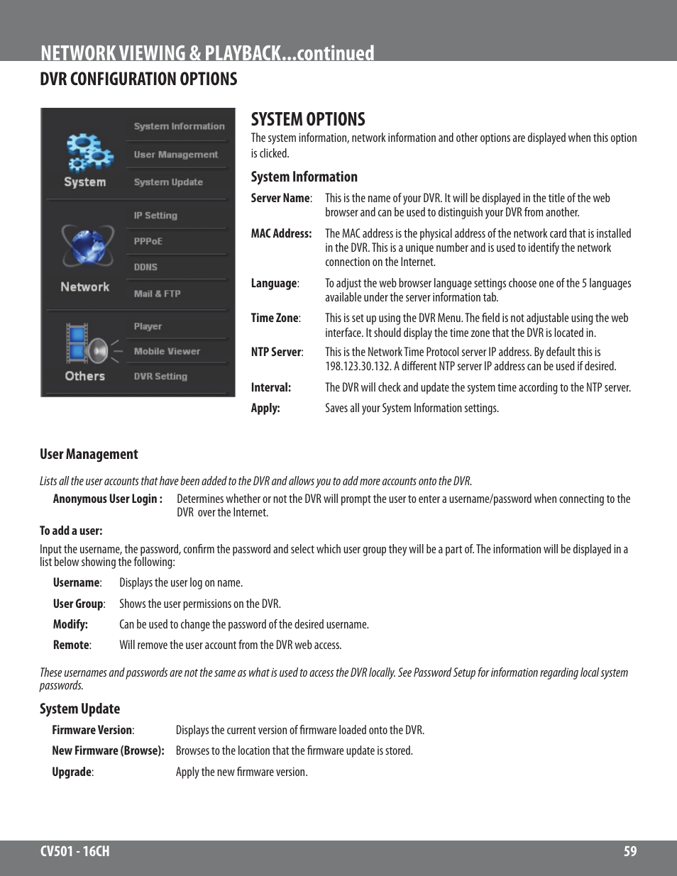 Network viewing & playback...continued, System options, Dvr configuration options | SVAT Electronics CV501 - 16CH User Manual | Page 59 / 78