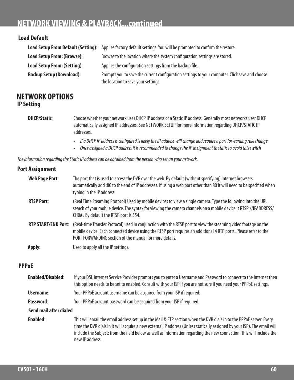 Network viewing & playback...continued, Network options | SVAT Electronics CV501 - 16CH User Manual | Page 60 / 78