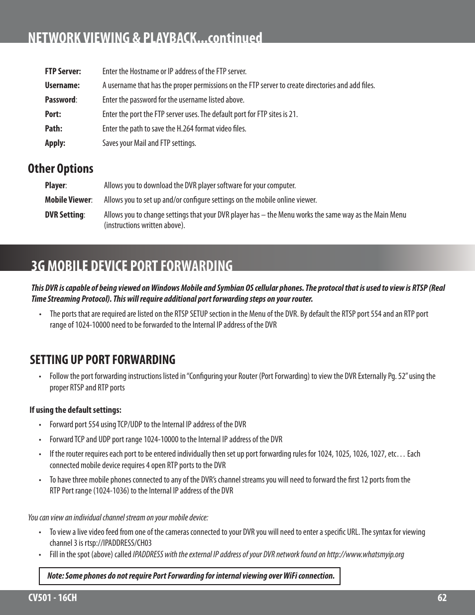 3g mobile device port forwarding, Network viewing & playback...continued, Other options | Setting up port forwarding | SVAT Electronics CV501 - 16CH User Manual | Page 62 / 78