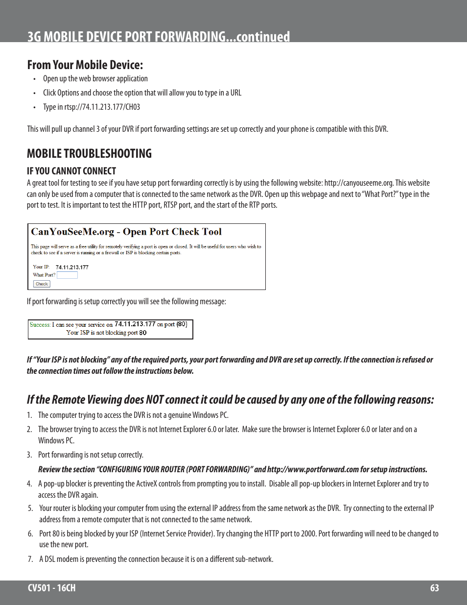 3g mobile device port forwarding...continued, Mobile troubleshooting | SVAT Electronics CV501 - 16CH User Manual | Page 63 / 78