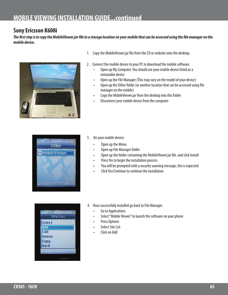 Mobile viewing installation guide...continued, Sony ericsson k608i | SVAT Electronics CV501 - 16CH User Manual | Page 65 / 78