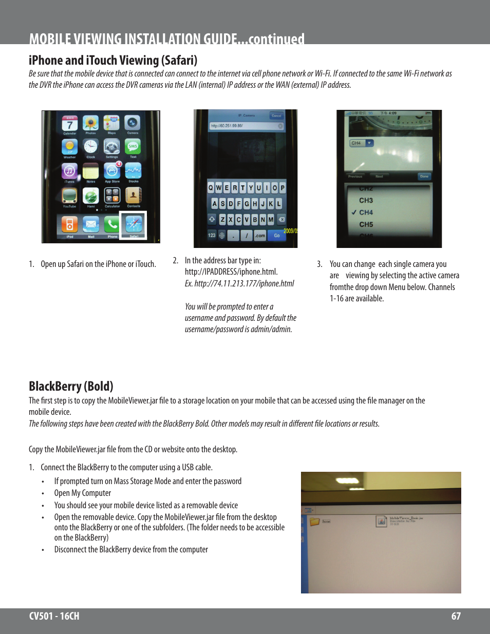 Mobile viewing installation guide...continued, Iphone and itouch viewing (safari), Blackberry (bold) | SVAT Electronics CV501 - 16CH User Manual | Page 67 / 78