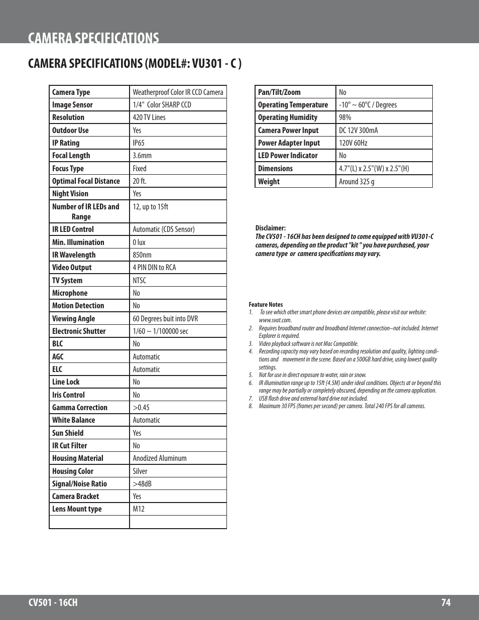 Camera specifications, Camera specifications (model#: vu301 - c ) | SVAT Electronics CV501 - 16CH User Manual | Page 74 / 78