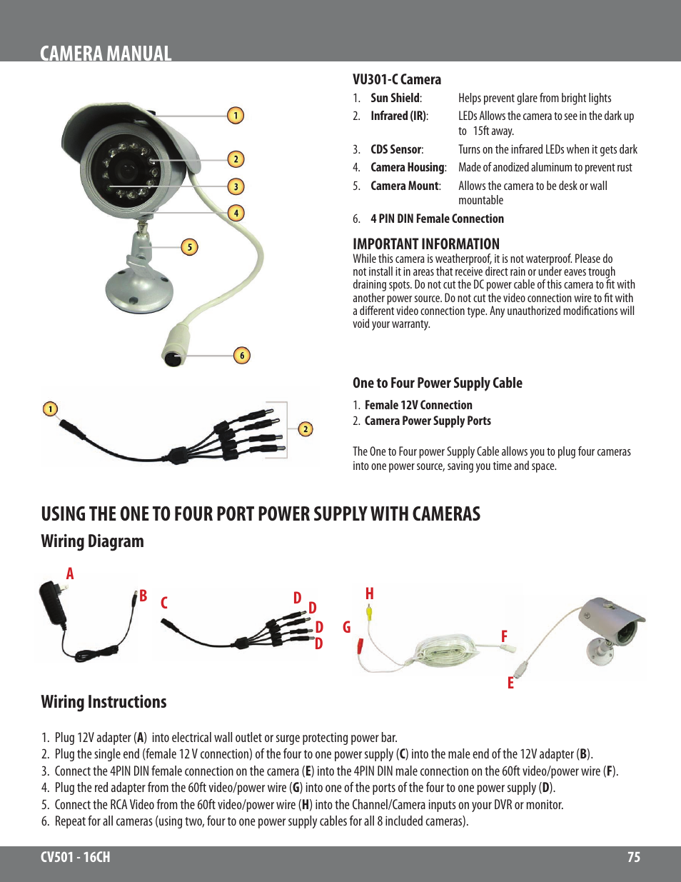 Camera manual, Wiring diagram wiring instructions | SVAT Electronics CV501 - 16CH User Manual | Page 75 / 78