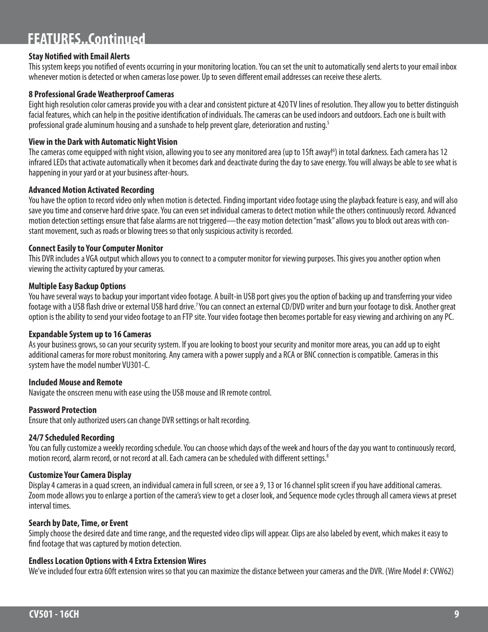 Features..continued | SVAT Electronics CV501 - 16CH User Manual | Page 9 / 78