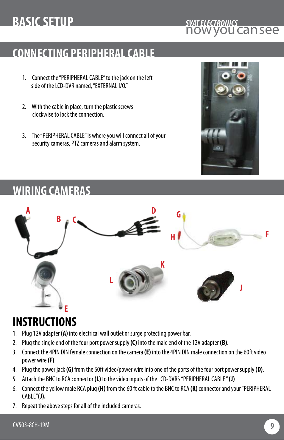 Now you can see basic setup, Instructions, Wiring cameras | Connecting peripheral cable | SVAT Electronics CV503-8CH User Manual | Page 12 / 91