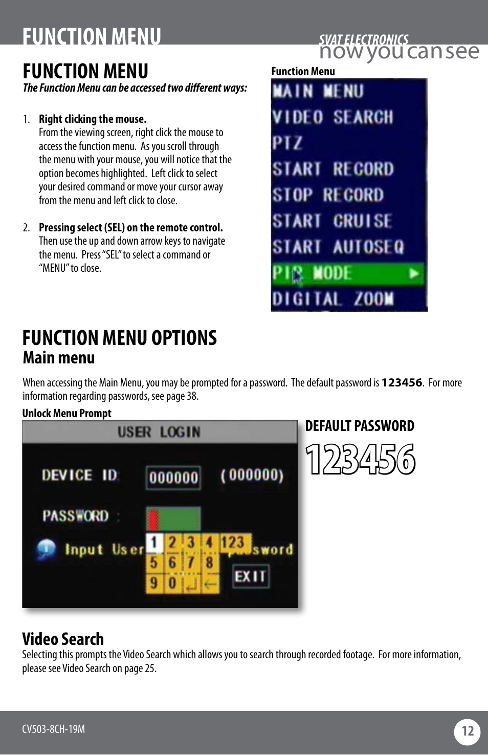 Now you can see function menu, Function menu, Function menu options | Main menu, Video search | SVAT Electronics CV503-8CH User Manual | Page 15 / 91