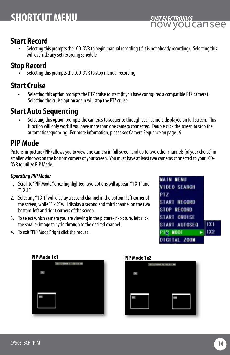 Now you can see shortcut menu, Start record, Stop record | Start cruise, Start auto sequencing, Pip mode | SVAT Electronics CV503-8CH User Manual | Page 17 / 91