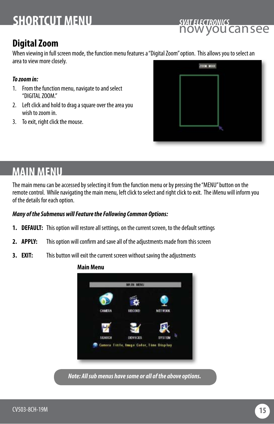 Now you can see, Shortcut menu, Main menu | Digital zoom | SVAT Electronics CV503-8CH User Manual | Page 18 / 91