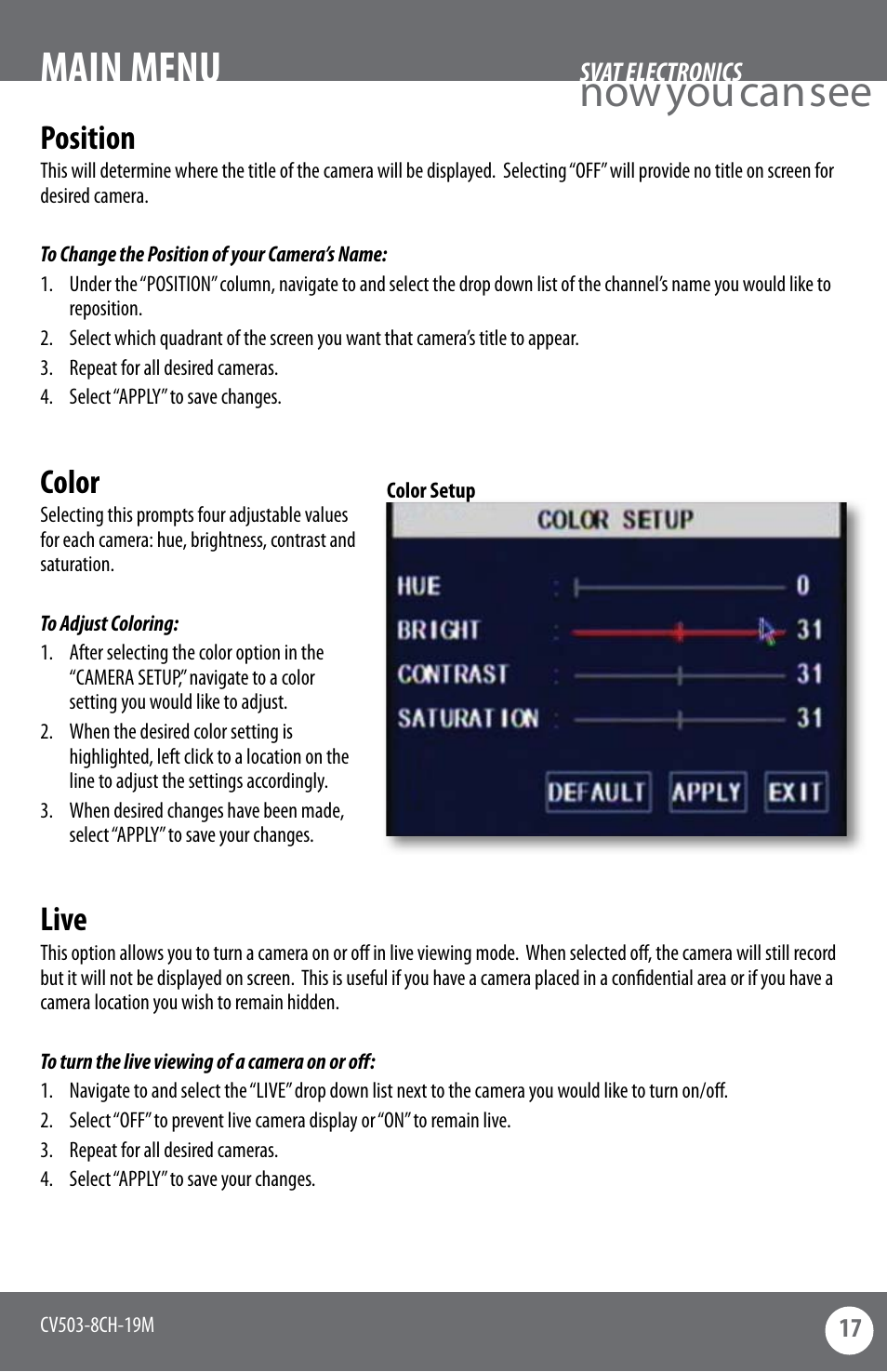 Now you can see main menu, Position, Color | Live | SVAT Electronics CV503-8CH User Manual | Page 20 / 91